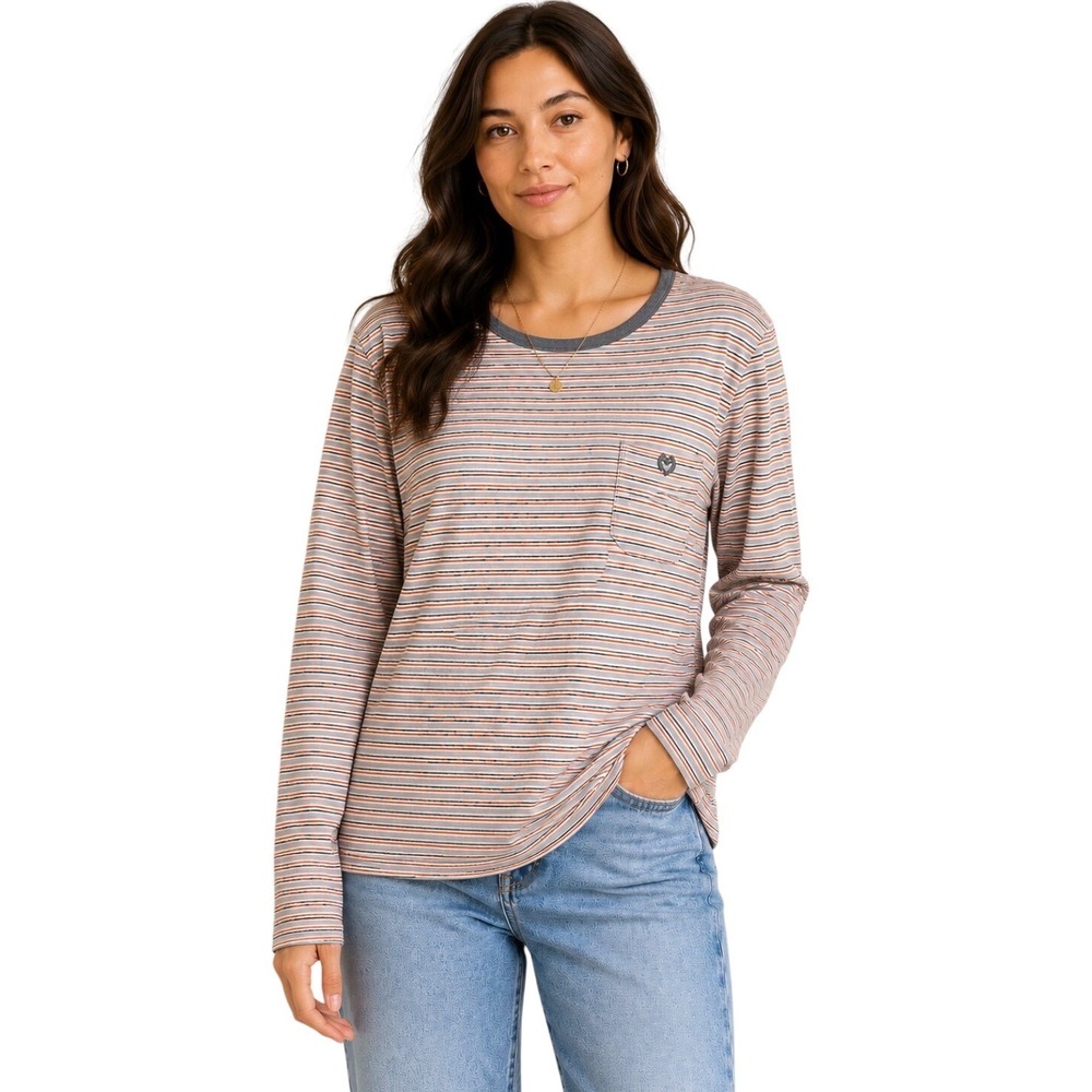 NWT Mila Schön Striped Long Sleeve Pocket Tee Orange Grey White MSR223-81200 M